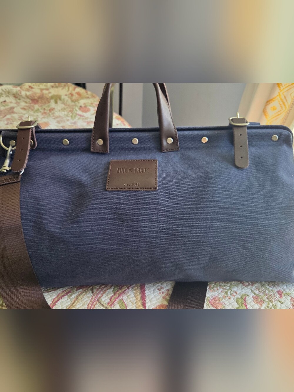 Navy Canvas Weekender Duffel Bag - Brown Trim
